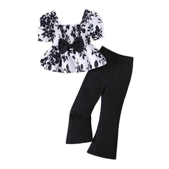 TOWED22 Girls Summer Outfits Casual Clothes Set Sweet Floral Ruffle Hem Tee Flared Pants Black,4-5 Y