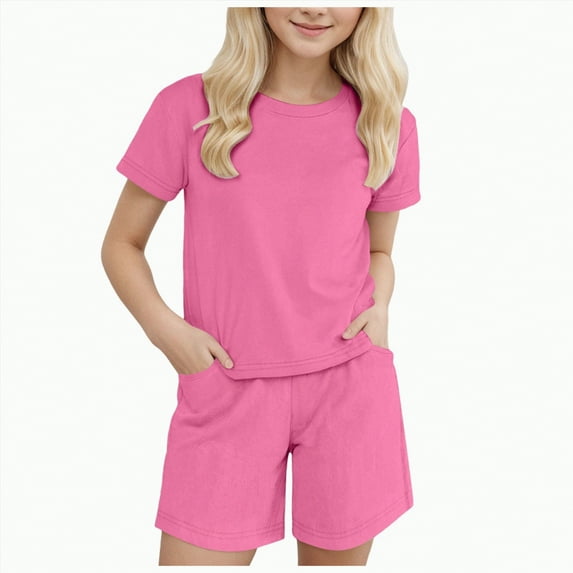 TOWED22 Girls Summer Outfits Casual Lounge Set Cap Sleeve T Shirt and Elastic Waist Shorts 2 Piece Clothing Sets(Hot Pink,8-9 Y)