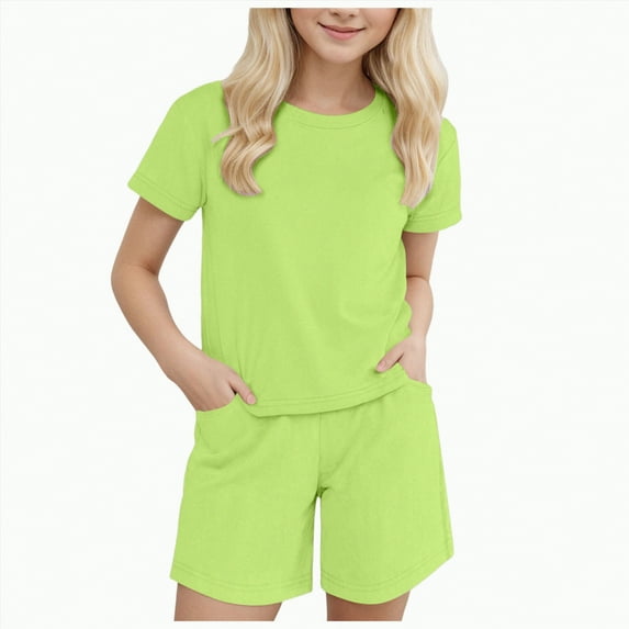 TOWED22 Girls Summer Outfits Casual Lounge Set Cap Sleeve T Shirt and Elastic Waist Shorts 2 Piece Clothing Sets(Mint Green,10-11 Y)