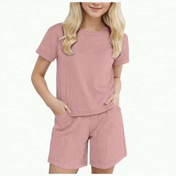 TOWED22 Girls Summer Outfits Casual Lounge Set Cap Sleeve T Shirt and Elastic Waist Shorts 2 Piece Clothing Sets(Pink,9-12 M)