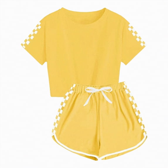 TOWED22 Girls Summer Shorts Set Tie-Dye T-Shirt with Quick-Dry Shorts Play Outfit 2T-6T Yellow,7-8 Y