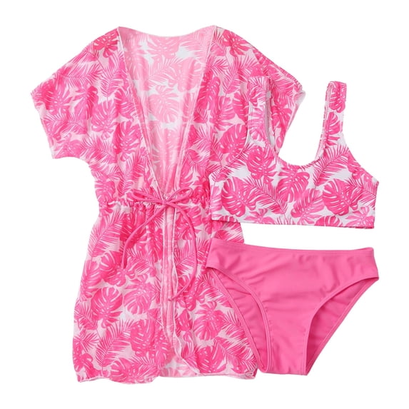 TOWED22 Girls Swimsuit 3 Piece Bathing Suits Bikini Set Print with Cover Up Skirt Adjustable Straps Hot Pink,8-9 Y