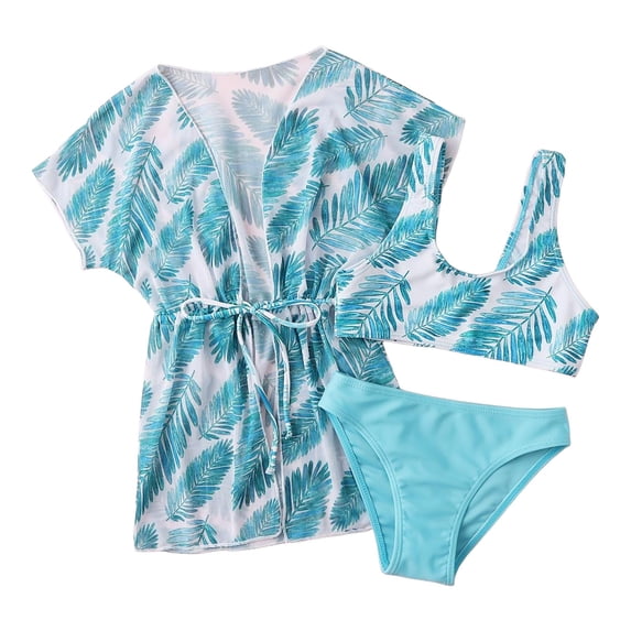 TOWED22 Girls Swimsuit 3 Piece Bathing Suits Bikini Set Print with Cover Up Skirt Adjustable Straps Sky Blue,6-7 Y