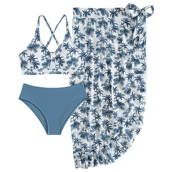 TOWED22 Girls Swimsuit 3 Piece Bathing Suits Bikini Set with Beach Cover Up Skirt Girls' Swimwear 7-14T Blue,14-15 Y