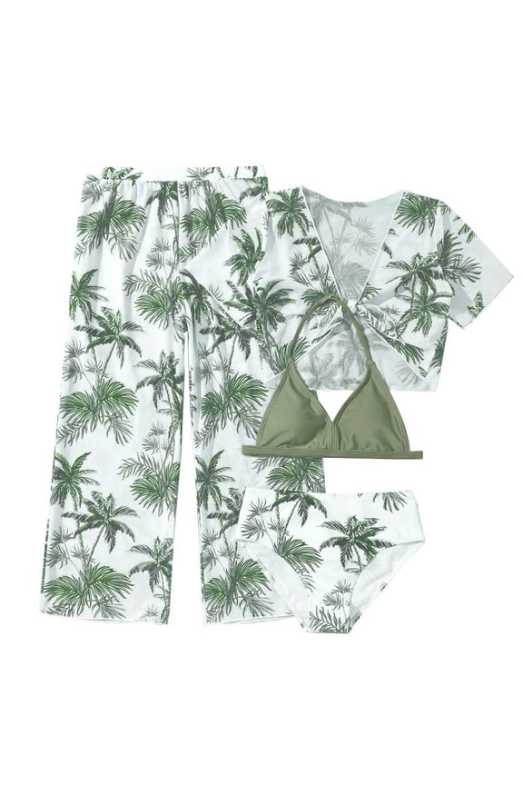 Girls Swimsuit 3 Piece Bathing Suits Summer Bikini Tankini Sets with Cover Up Skirt for 5-12 Years Green,9-10 Y