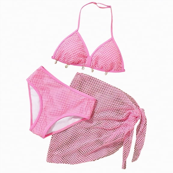 TOWED22 Girls Swimsuit 3 Piece Teens Bathing Suit Tropical Print Bikini Sets Twist Cross Girls' Swimwear with Shorts(Pink,10-11 Y)