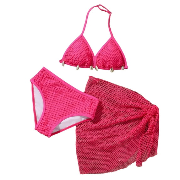 TOWED22 Girls Swimsuit Bikini Bathing Suit for Teens Ruched Tankini Beach Hawaii Swimwear with Cover Up Skirt 8-16Y Hot Pink,10-11 Y