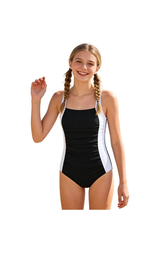 Girls Swimsuit One Piece Ruched Front Twist Back Solid Color Girls Bathing Suit Swimwear(Black,7-8 Years)