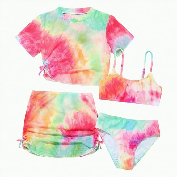 TOWED22 Girls Swimsuit V Neck Adjustable Straps Stylish Bikini with Cover Up 3 Piece Set Bathing Suits for Teen Girl(Pink,5-6 Y)