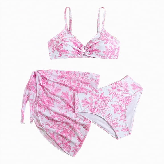 TOWED22 Girls Swimsuits 3 Pcs Bikini Set Ruffle Sleeve Solid Swimwear Tropical Cover Up Skirt Kids Teen Bathing Suit 9-16 Years(Red,13-14 Y)