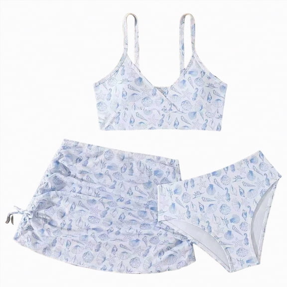 TOWED22 Girls Swimsuits 3 Piece Bathing Suit Bikini Set with Sporty Shorts Beach Swimwear for Girl 8-15 Years(White,8-9 Y)