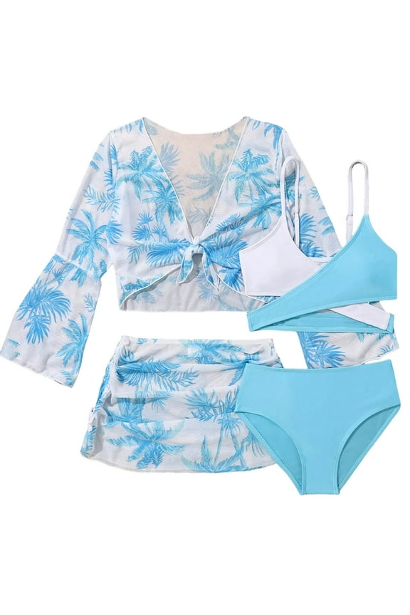 Girls Swimsuits 3 Piece Bathing Suit Leopard Printed Bikini Set with Cover Up Skirt Summer Beach Swimwear 6-15 Years Blue,9-10 Y