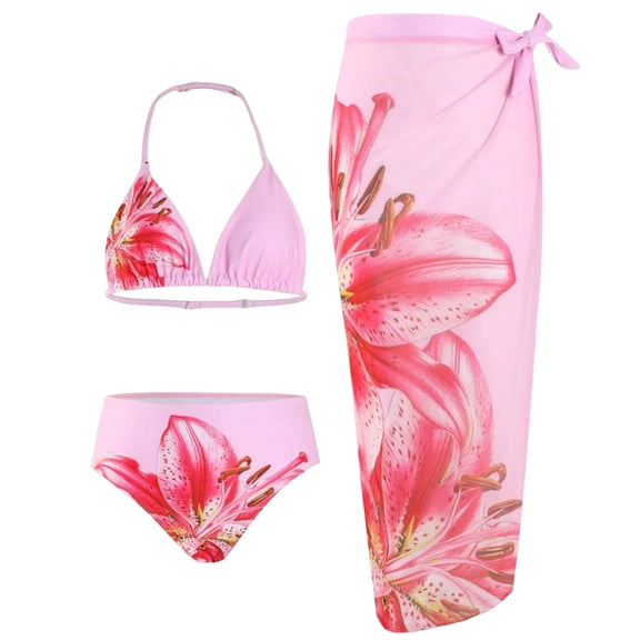 TOWED22 Girls Swimsuits 3 Piece Bathing Suit Leopard Printed Bikini Set with Cover Up Skirt Summer Beach Swimwear 6-15 Years Pink,8-9 Y