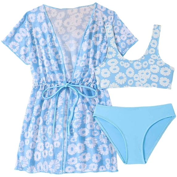 TOWED22 Girls Swimsuits 3 Piece Bathing Suit Set Cute Bikini Swimwear Floral Print with Cover Up Skirt 5-16Y Sky Blue,11-12 Y
