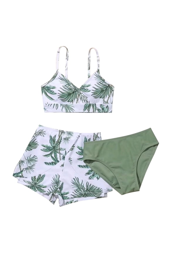 Girls Swimsuits 3 Piece Bathing Suit Set Cute Bikini Swimwear Ruffle Sleeve with Cover Up Skirt 5-16Y White,11-12 Y