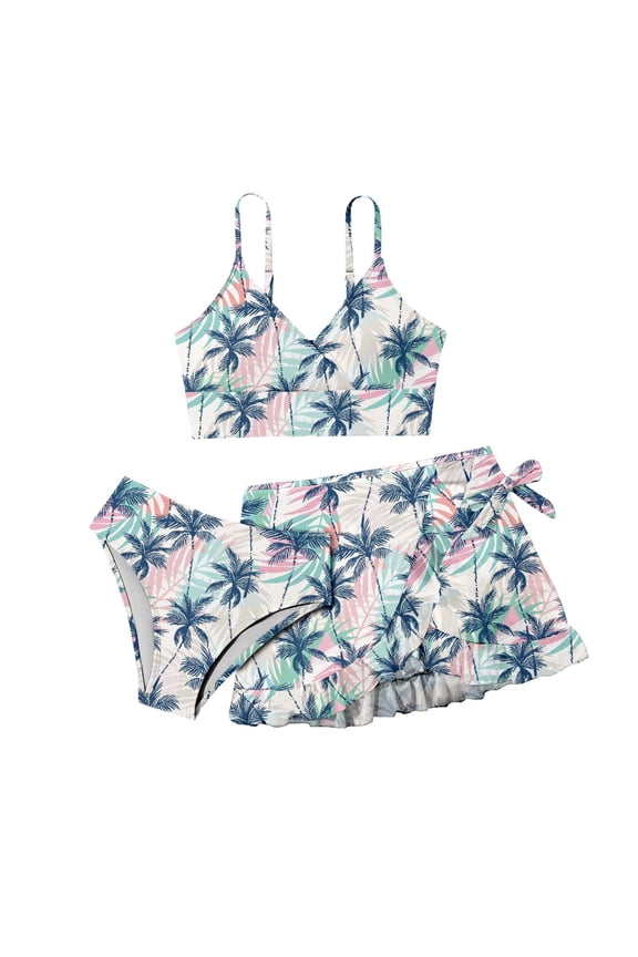 Girls Swimsuits 3 Piece Tropical Print Bathing Suits Twist Cross Bikini Set with Backless Wrap Dress Cover Up Light Pink,10-11 Y