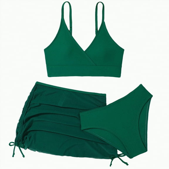 TOWED22 Girls Swimsuits Bikini Set Kids 3 Piece Swimsuit Criss Cross Bathing Suit Girls' Swimwear 7-12Y(Dark Green,11-12 Y)