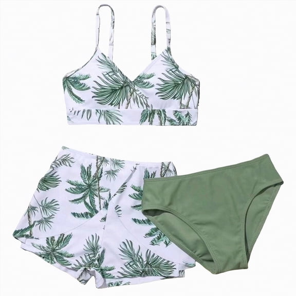 TOWED22 Girls Swimsuits Hawaiian Teen Bathing Suits 3 Piece Tropical Floral Ruffle Strap Bikini Set with Cover Up Skirt 9-16T(Green,11-12 Y)