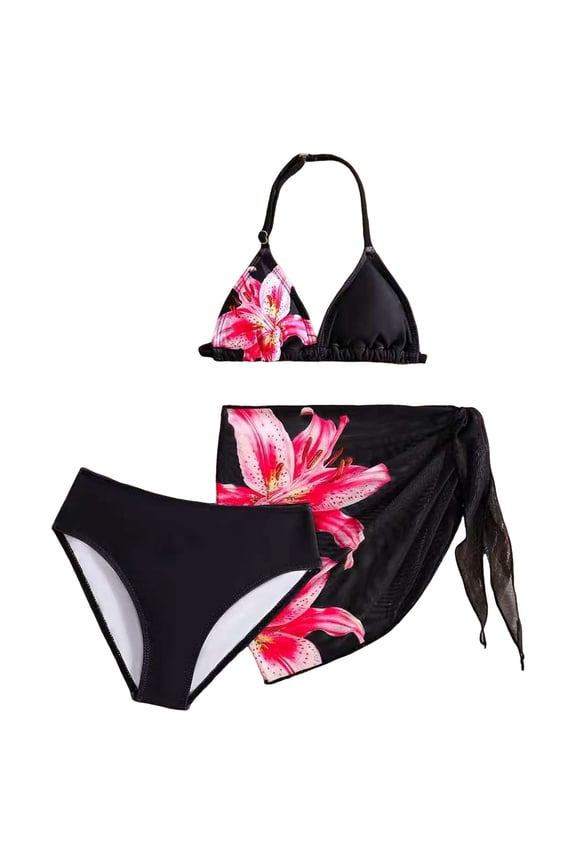 Girls Swimwear 3PCS Bikini Bathing Suits Tropical Cover Up Sets Adjustable Straps Floral Swimsuit for Teen Black,11-12 Y