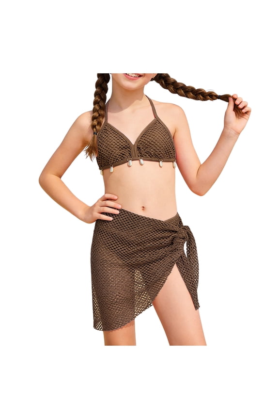 Girls Swimwear 3PCS Bikini Bathing Suits with Cover Up Skirt Tropical Floral Ruffle Swimsuit for 7-14T Coffee,8-9 Y