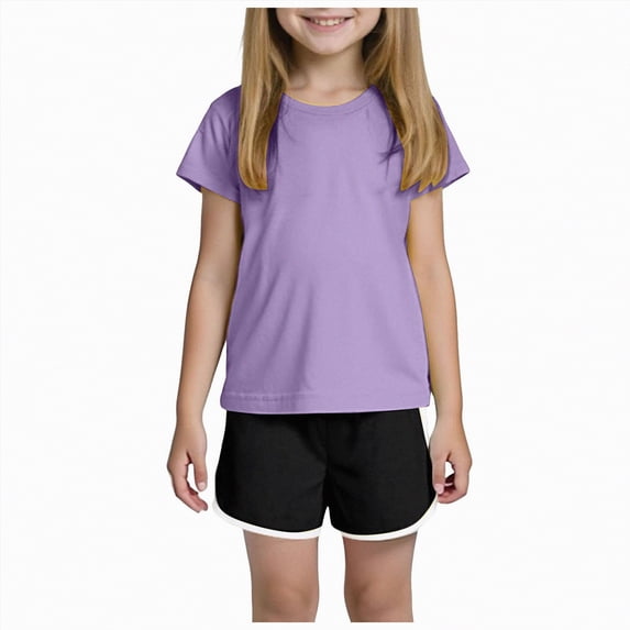TOWED22 Girls Two Piece Sets Short Sleeve Tshirts and Drawstring Shorts With Pockets Summer Outfits Purple,12-18 M
