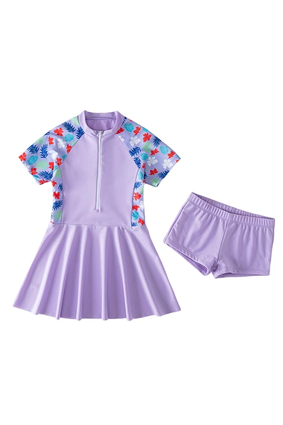 Girls Swimsuit Bikini Set 2 Piece Bathing Suit Tiered Ruffled Contrast Trim Adjustable Straps Girls Swimwear(Purple,13-14 Y)