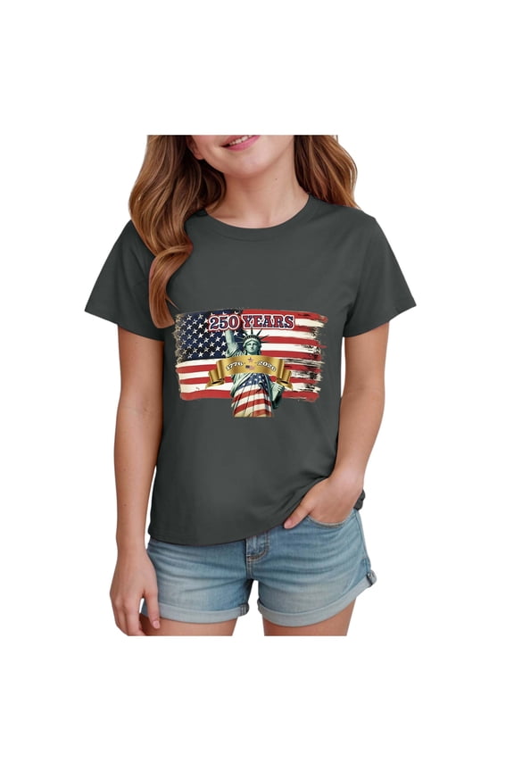 Girls USA Shirts Kids 4th of July Shirts American Flag Tshirt Patriotic Top Independence Day Outfit(Dark Gray,13-14 Y)