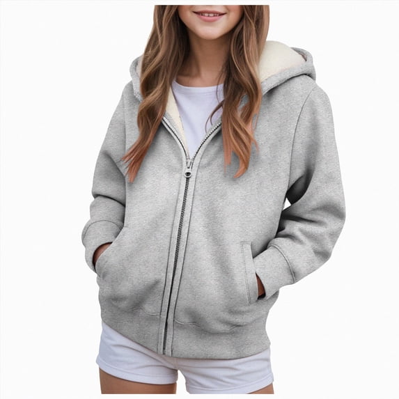 TOWED22 Girls Zip Up Hoodies Teen Fleece Full-Zip Sweatshirts Jacket Casual Fall Hoodie with Pocket(Light Gray,5-6 Y)
