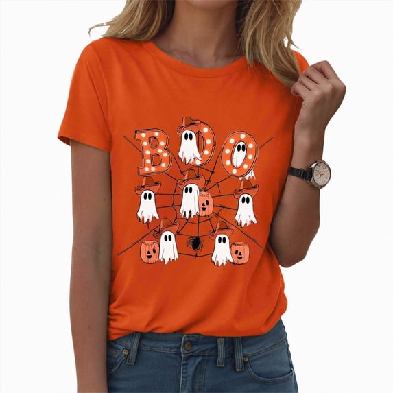 TOWED22 Halloween Boo Shirts for Women Funny Halloween Ghost Tshirts Fall Spooky Pumpkin Gift Top(Orange,XXL)