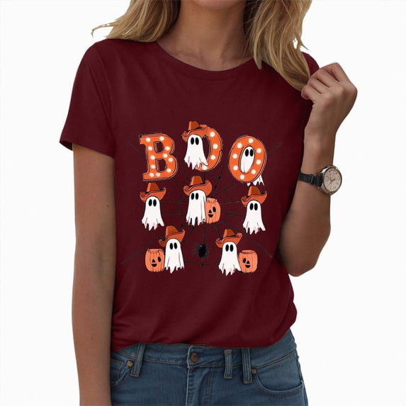 TOWED22 Halloween Boo Shirts for Women Funny Halloween Ghost Tshirts Fall Spooky Pumpkin Gift Top(Wine,S)