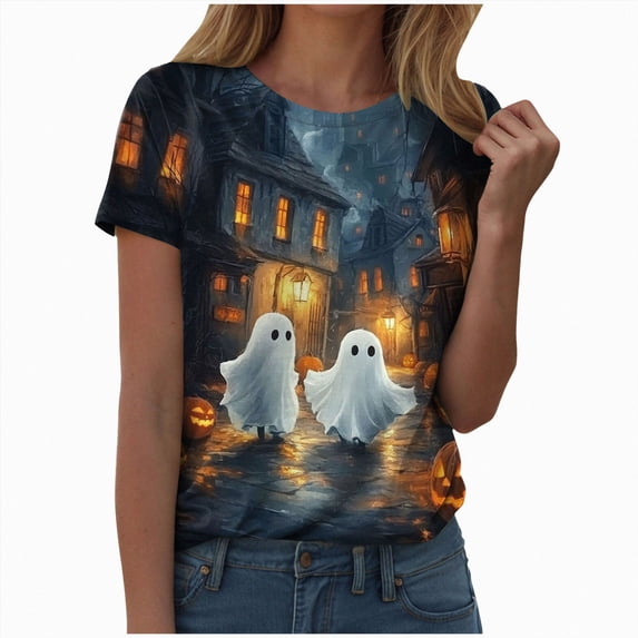 TOWED22 Halloween Costumes for Women Funny Pumpkin Printed Cute T Shirts Ghost Graphic Tops Fall Tee Fashion Gift(Dark Gray,L)