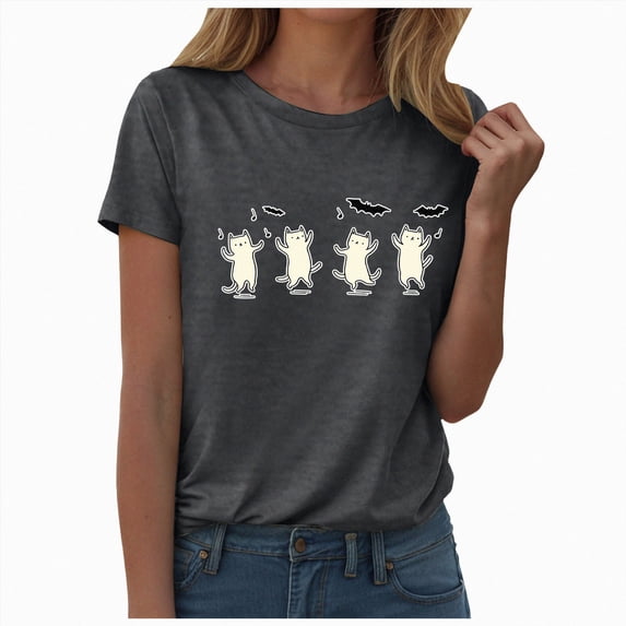 TOWED22 Halloween Ghost Shirt for Women Fall Spooky Season Graphic Short Sleeve Autumn Tops Blouse(Grey,S)