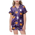 thumbnail image 1 of TOWED22 Halloween Girls Silk Pajamas Sets Cute Graphic Print Button Up Shirt and Shorts Sleepwear 2 Piece Satin Pjs Sets, 1 of 5