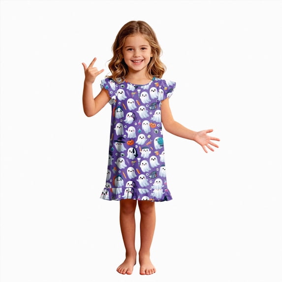 TOWED22 Halloween Nightdress Toddler Girls Sleepwear Cute Cartoon Ghost Print Dresses Short Sleeve Pajamas Dress