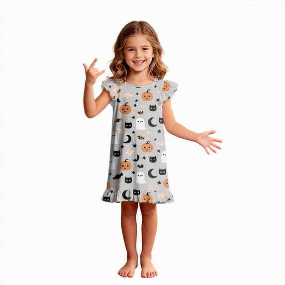 TOWED22 Halloween Nightdress Toddler Girls Sleepwear Cute Cartoon Ghost Print Dresses Short Sleeve Pajamas Dress
