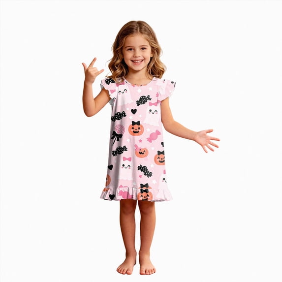 TOWED22 Halloween Nightdress Toddler Girls Sleepwear Cute Cartoon Ghost Print Dresses Short Sleeve Pajamas Dress