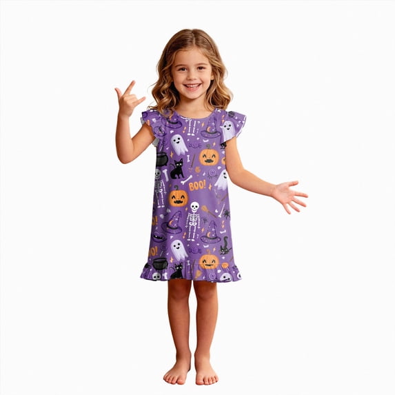 TOWED22 Halloween Nightdress Toddler Girls Sleepwear Cute Cartoon Ghost Print Dresses Short Sleeve Pajamas Dress