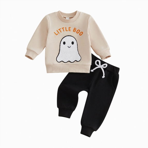TOWED22 Halloween Outfit Toddler Baby Boy Long Sleeve Sweatshirt Pullover and Pants Ghost Printed Clothes Set,Beige,0-6 M