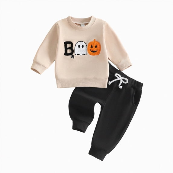 TOWED22 Halloween Outfit Toddler Baby Boy Long Sleeve Sweatshirt Pullover and Pants Ghost Printed Clothes Set,Khaki,6-12 M