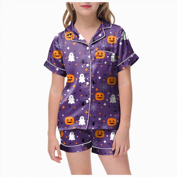 TOWED22 Halloween Pajamas Girl Cute Satin Pumpkin Print Short Sleeve Button Down Top and Shorts Matching Sleepwear,10-11 Y