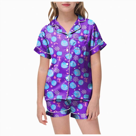 TOWED22 Halloween Pajamas Girl Fall Costume Graphic Button Up Sleepwears Loungewear 2 Piece Top and Shorts Pjs Sets for 2-13 Years Teens(Purple,2-3 Y)