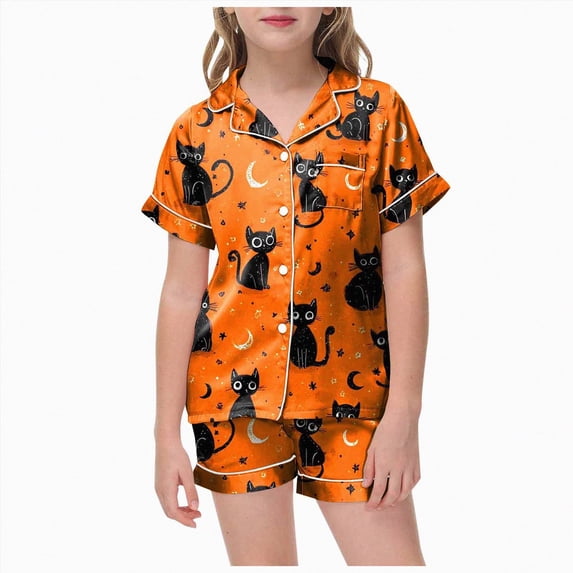 TOWED22 Halloween Pajamas Girl Ghost Graphic 2 Piece Sleepwear Short Sleeve Button Down Shirt Pjs Shorts Set,2-3 Y