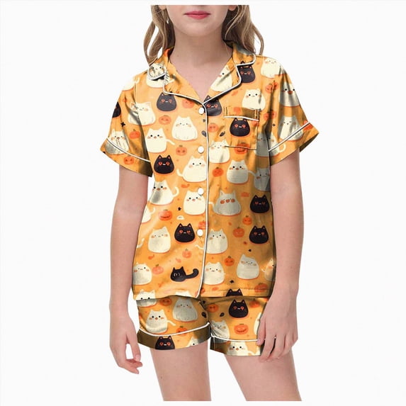 TOWED22 Halloween Pajamas Girl Ghost Graphic 2 Piece Sleepwear Short Sleeve Button Down Shirt Pjs Shorts Set,6-7 Y