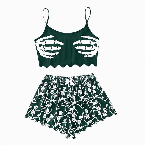 TOWED22 Halloween Pajamas Women 2 Piece Set Sleepwear Camisole Crop Tops and Shorts Loungewear Sets Woman Cute Print Matching Outfits(Dark Green,M)