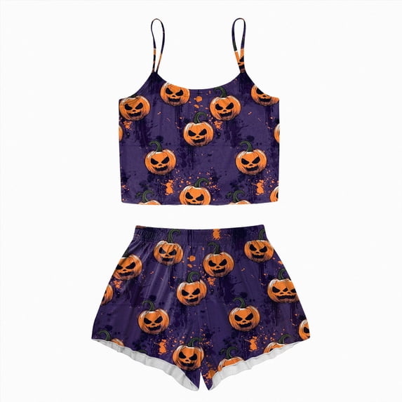 TOWED22 Halloween Pajamas Women Cute Print Tank Tops and High Waist Shorts Nightwear 2 Piece Sets Plus Size Sleepwear(Dark Purple,L)