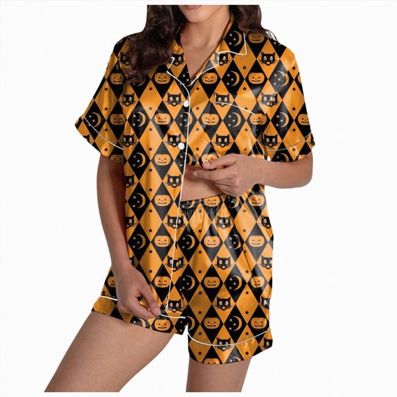 TOWED22 Halloween Pajamas Women,Ghost Pumpkin Graphic Short Sleeve Button Up Shirt and Shorts Sleepwear 2 Piece Pajama Sets(Black,M)