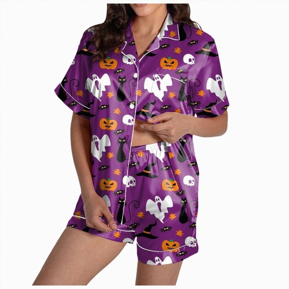 TOWED22 Halloween Pajamas Women,Ghost Pumpkin Graphic Short Sleeve Button Up Shirt and Shorts Sleepwear 2 Piece Pajama Sets(Purple,4XL)