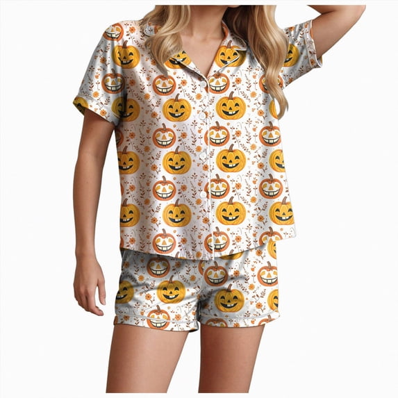 TOWED22 Halloween Pajamas Women Ghost Pumpkin Print Short Sleeve Button Shirts Matching Shorts Set Cute Plus Size Pjs(White,3XL)