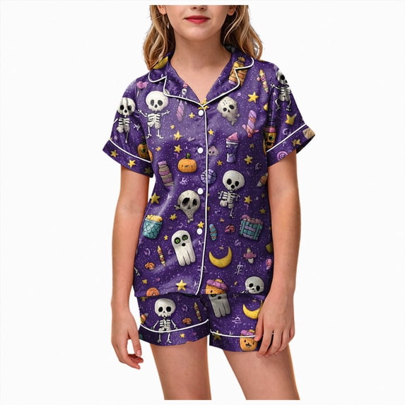 TOWED22 Halloween Pjs Girl Fall Button Up 2 Piece Pajama Sets Cute Lounge Short Sleeve Pajamas With Shorts,10-11 Y