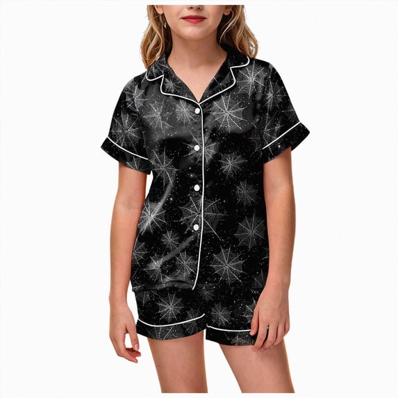TOWED22 Halloween Pjs Girl Fall Button Up 2 Piece Pajama Sets Cute Lounge Short Sleeve Pajamas With Shorts,6-7 Y